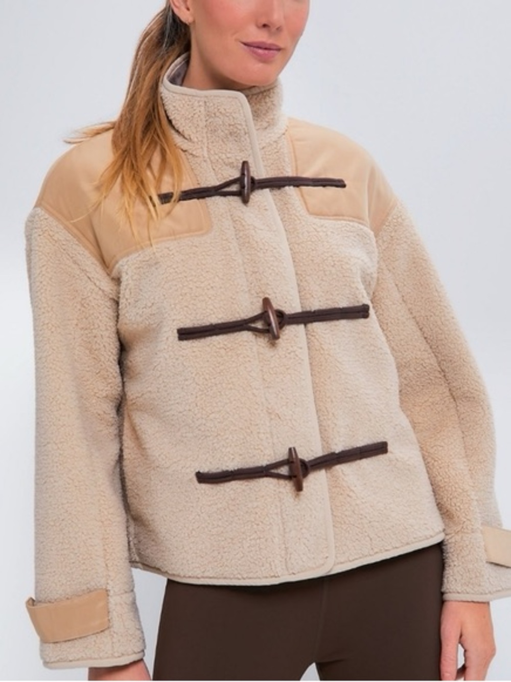 Tuckernuck Beige Sherpa Toggle Jacket with Tan Leather Accents